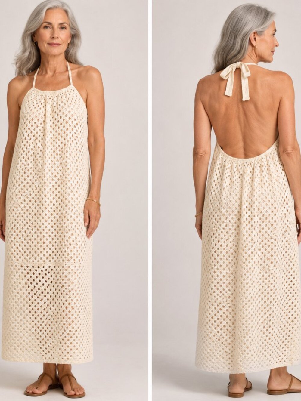 Vitamin A Cream Eyelet Halter Swim Coverup Maxi Dress Resort Beach Sz XL